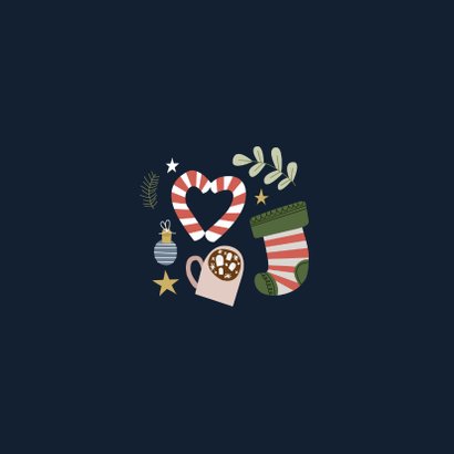 Vrolijke en hippe kerstkaart met kerst illustraties Achterkant