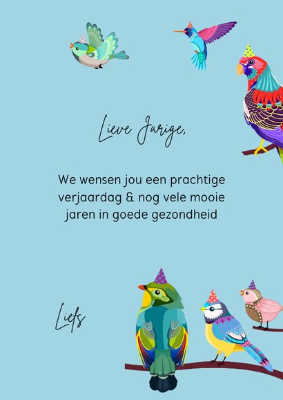 Vrolijke en kleurrijke verjaardagskaart met een groep vogels 3