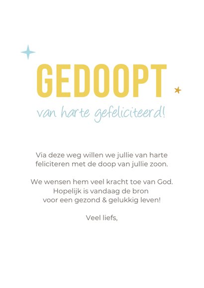 Vrolijke felicitatiekaart doop jongen met gelukspoppetje 3