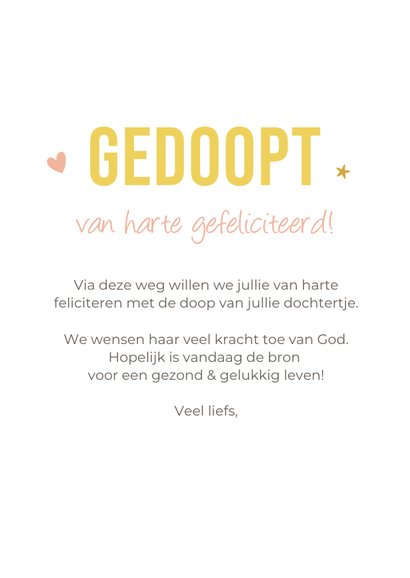 Vrolijke felicitatiekaart doop meisje met gelukspoppetje 3