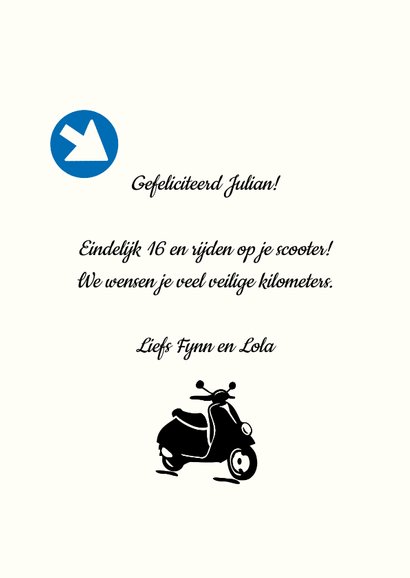 Vrolijke felicitatiekaart met eigen naam en scooter 3