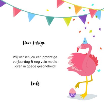 Vrolijke flamingo verjaardagskaart met slingers 3