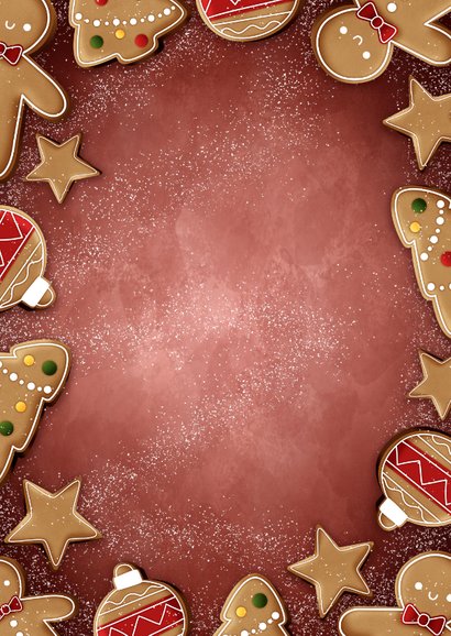 Vrolijke foto kerstkaart met koekjes kader, fijne feestdagen Achterkant
