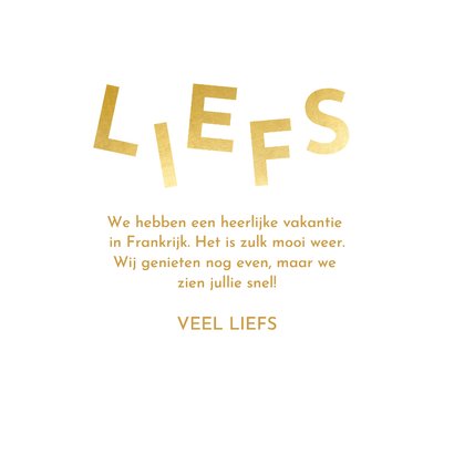 Vrolijke fotokaart met hippe gouden letters liefs 3