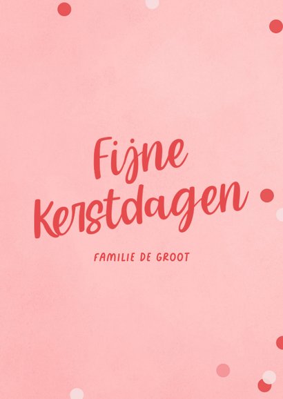 Vrolijke fotokerstkaart met roze kerstballen en confetti 3