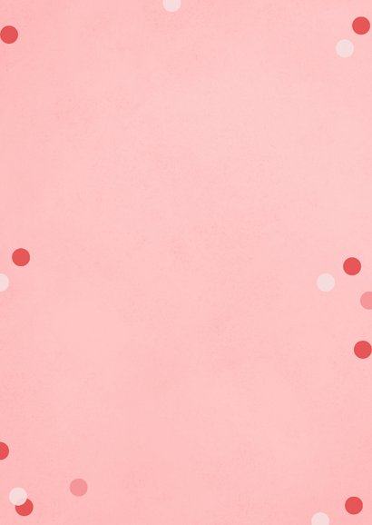 Vrolijke fotokerstkaart met roze kerstballen en confetti Achterkant