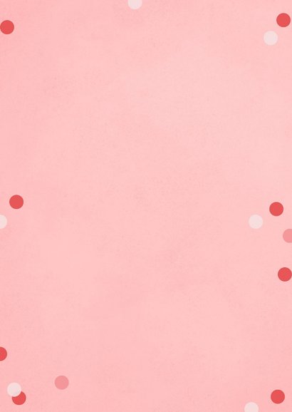 Vrolijke fotokerstkaart met roze kerstballen en confetti Achterkant