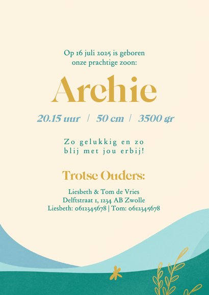 Vrolijke geboortekaartjes met landschap libelle goud jongen 3