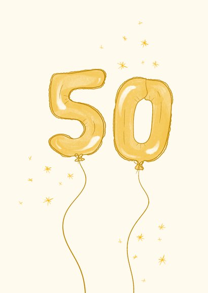 Vrolijke gele verjaardagkaart 50 jaar met cijfer ballonnen 2