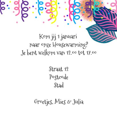 Vrolijke Housewarming uitnodiging met kat en bloemen 3