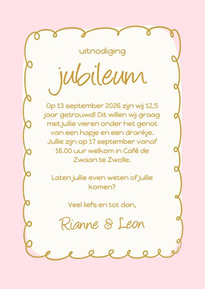 Vrolijke jubileumkaart met roze kader en hartje met getal 3