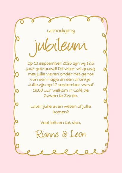 Vrolijke jubileumkaart met roze kader en hartje met getal 3