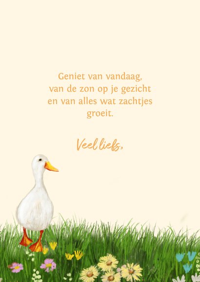 Vrolijke kaart met ganzen in een veld vol bloemen 3