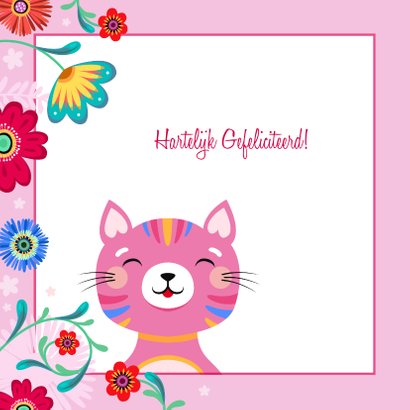 Vrolijke kat verjaardagskaart met kleurrijke bloemen 2
