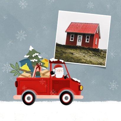 Vrolijke kerst verhuiskaart pickup truck kerstman en sneeuw 2