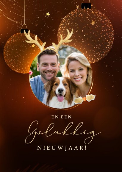 Vrolijke kerstkaart eigen foto met goudlook rendiergewei 2