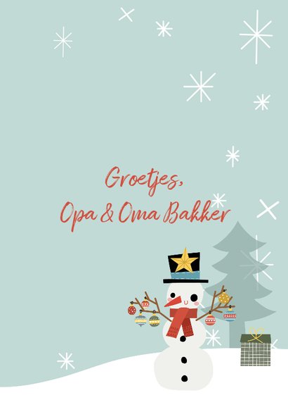 Vrolijke kerstkaart met blije sneeuwpop en typografie 3