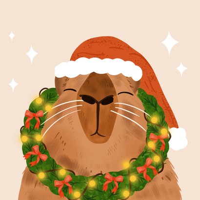 Vrolijke kerstkaart met capybara en kerstkrans 2