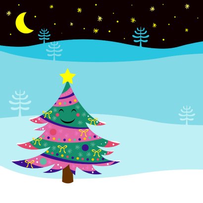 Vrolijke kerstkaart met lachende kerstboom 2