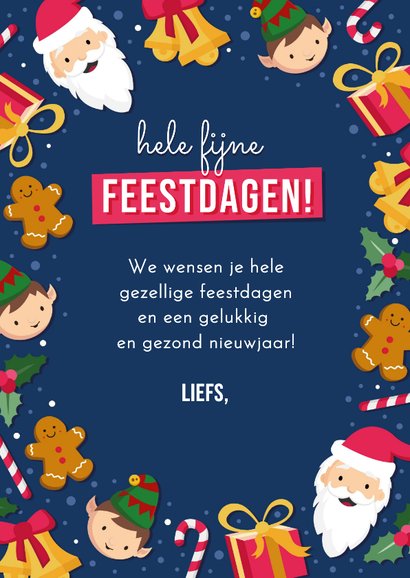 Vrolijke kerstkaart met patroon van leuke kerst figuurtjes 3