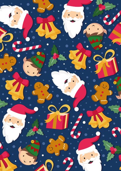 Vrolijke kerstkaart met patroon van leuke kerst figuurtjes Achterkant