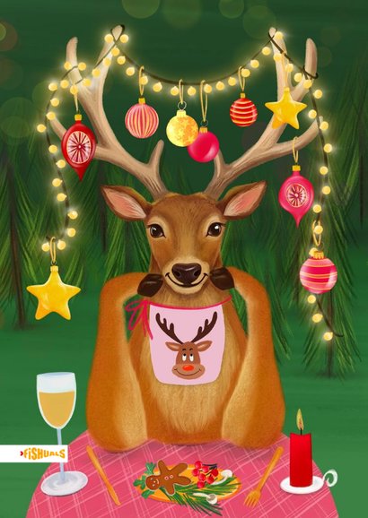 Vrolijke kerstkaart met rendier aan tafel 2