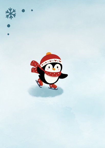 Vrolijke kerstkaart met schaatsende pinguïn en sneeuwvlokken 2