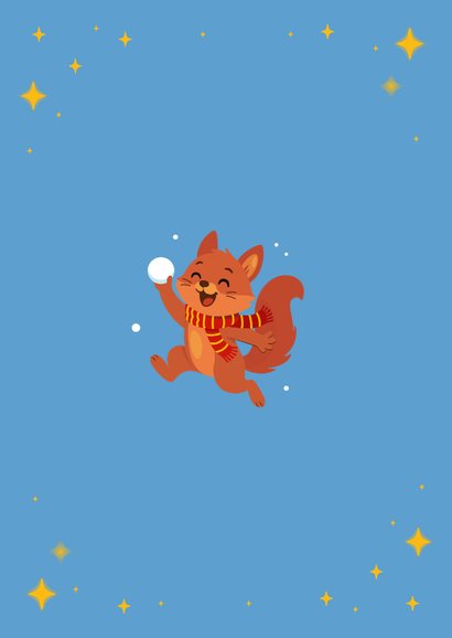 Vrolijke kerstkaart met sneeuwbal gooiende vos! Achterkant