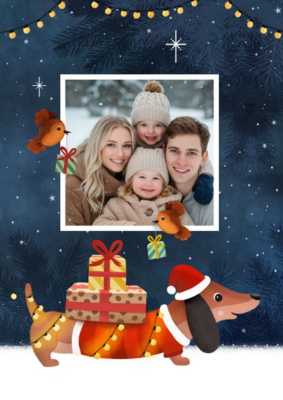 Vrolijke kerstkaart met teckel en roodborstjes en foto 2