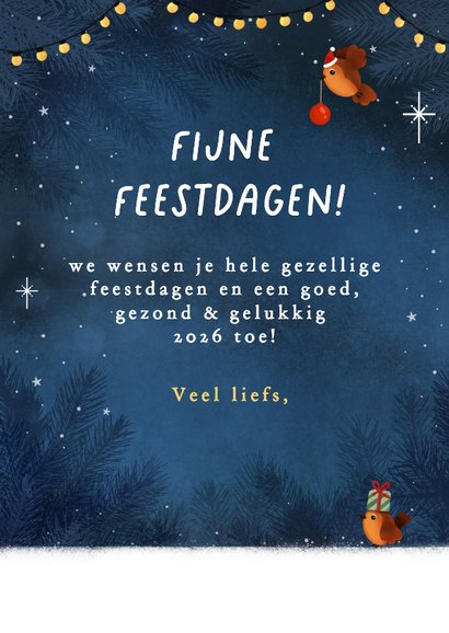 Vrolijke kerstkaart met teckel en roodborstjes en foto 3
