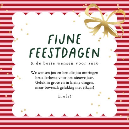 Vrolijke kerstkaart strik cadeau goud streep sterrenconfetti 3