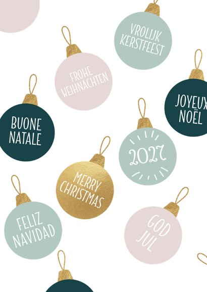Vrolijke kerstkaarten 2027 kerstballen verschillende talen 2