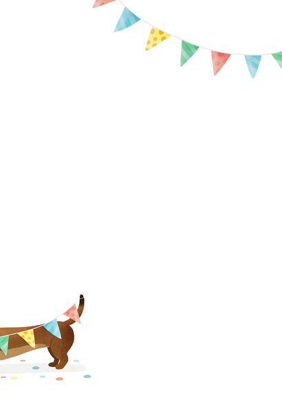 Vrolijke kinderfeestje uitnodiging met teckels en slingers Achterkant