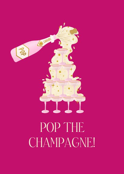 Vrolijke knalroze nieuwjaarskaart met champagnetoren 2