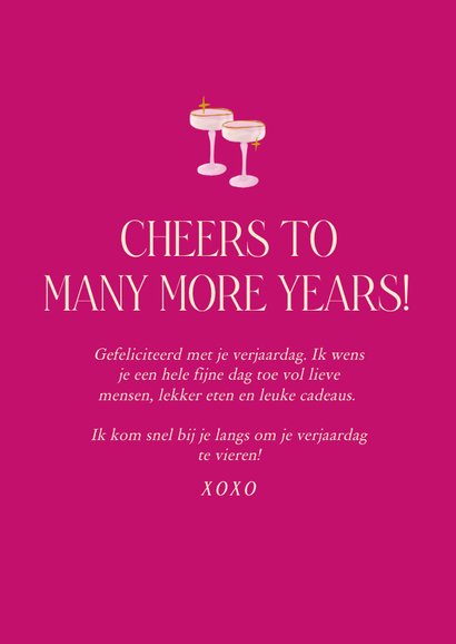 Vrolijke knalroze verjaardagskaart met champagnetoren 3