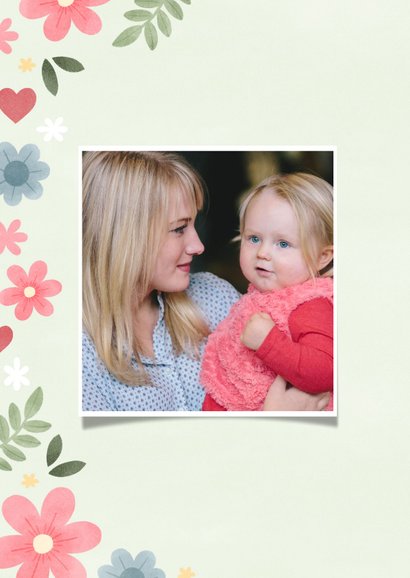 Vrolijke moederdag kaart met bloemen hartjes en foto 2