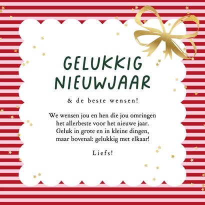 Vrolijke nieuwjaarskaart streeppatroon strik sterren goud 3