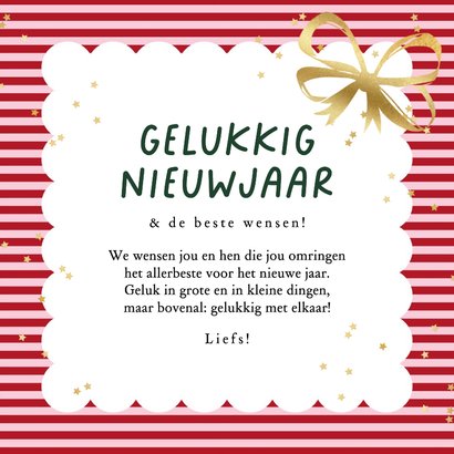Vrolijke nieuwjaarskaart streeppatroon strik sterren goud 3