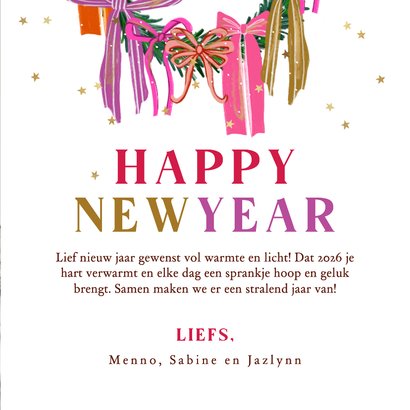 Vrolijke nieuwjaarskaart strikken sterren goud streep 3