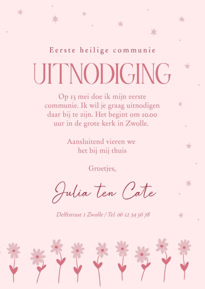 Vrolijke roze communiekaartje met eenhoorn en bloemen 3