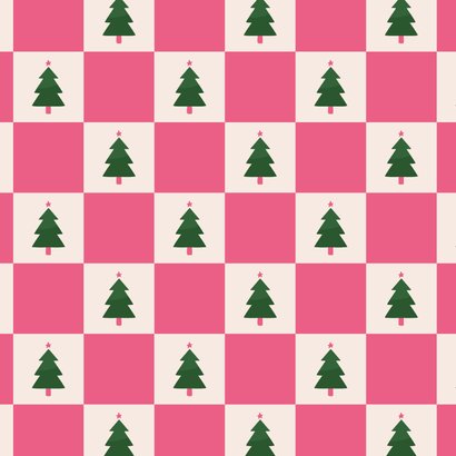  Vrolijke roze foto kerstkaart blokjespatroon met kerstbomen Achterkant
