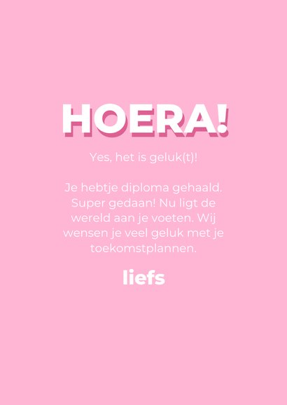 Vrolijke roze geslaagdkaart met gelukskatje 3