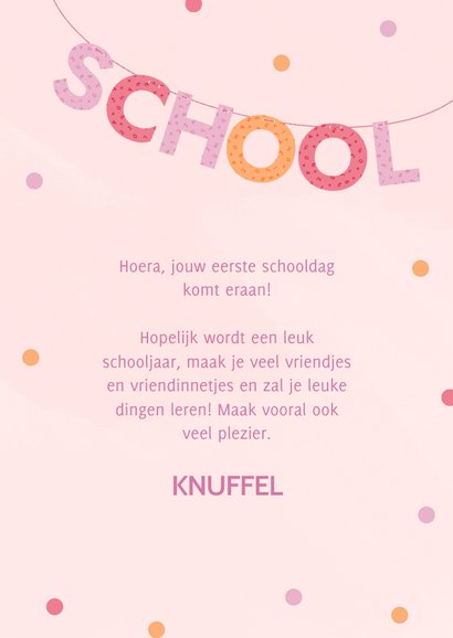 Vrolijke roze kinderkaart veel plezier op school 3