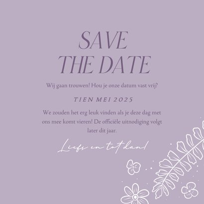 Vrolijke save the date kaart met bloemenkader in lila Achterkant