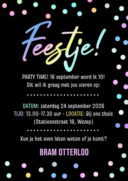 Vrolijke stoere uitnodiging kinderfeestje met neon kleurtjes 3