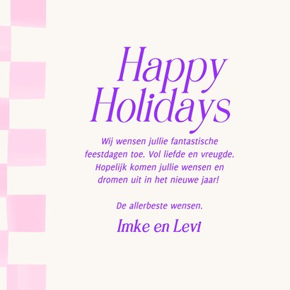 Vrolijke trendy kerstkaart happy holidays roze blokjes 3