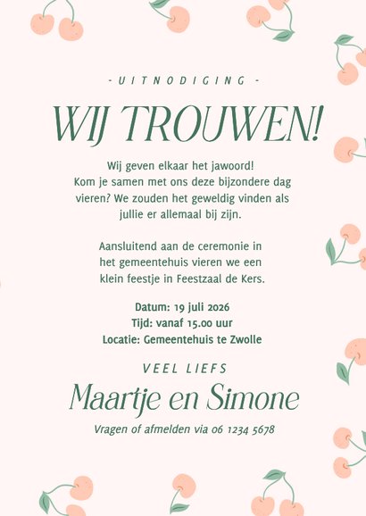 Vrolijke trouwkaart met kersjes patroon foto fruit 3