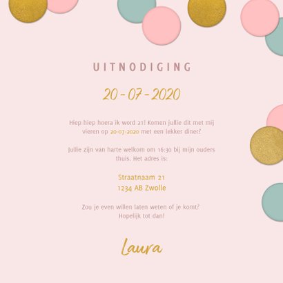 Vrolijke uitnodiging 21 diner confetti, foto en typografie 3