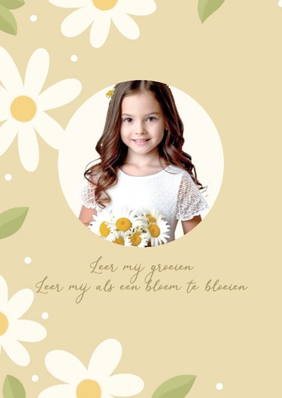 Vrolijke uitnodiging eerste communie witte bloemetjes 2