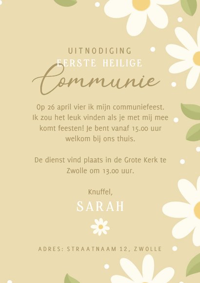 Vrolijke uitnodiging eerste communie witte bloemetjes 3